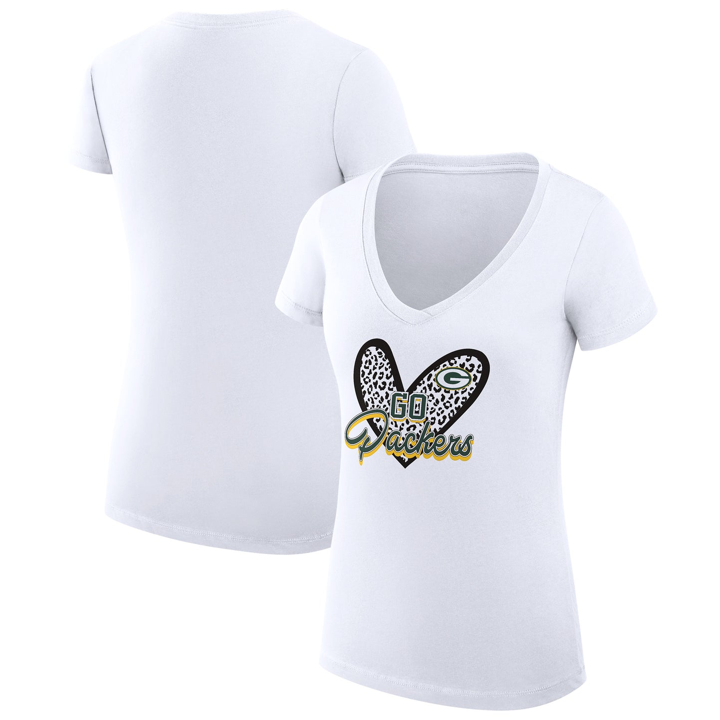 Women's G-III 4Her by Carl Banks White Green Bay Packers Leopard Heart Fitted V-Neck T-Shirt