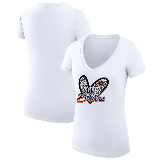 Women's G-III 4Her by Carl Banks White Chicago Bears Leopard Heart Fitted V-Neck T-Shirt