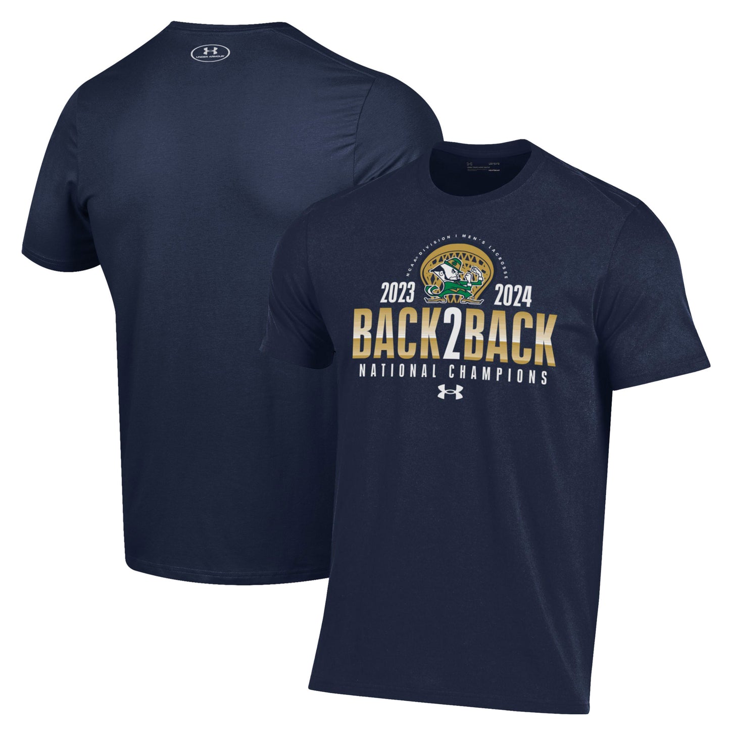 Men's Under Armour Navy Notre Dame Fighting Irish Back-To-Back NCAA Men's Lacrosse National Champions T-Shirt