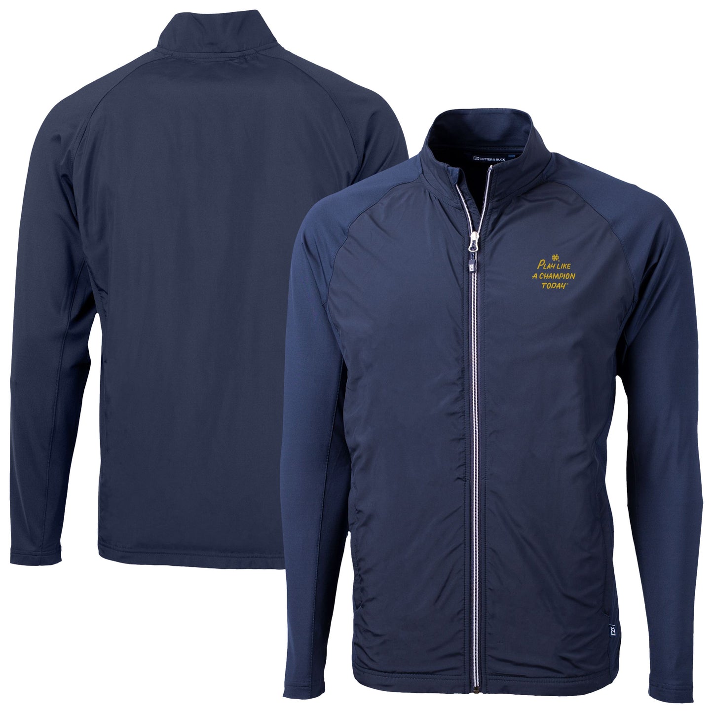 Men's Cutter & Buck Navy Notre Dame Fighting Irish Play Like A Champion Today Adapt Eco Knit Hybrid Recycled Full-Zip Jacket