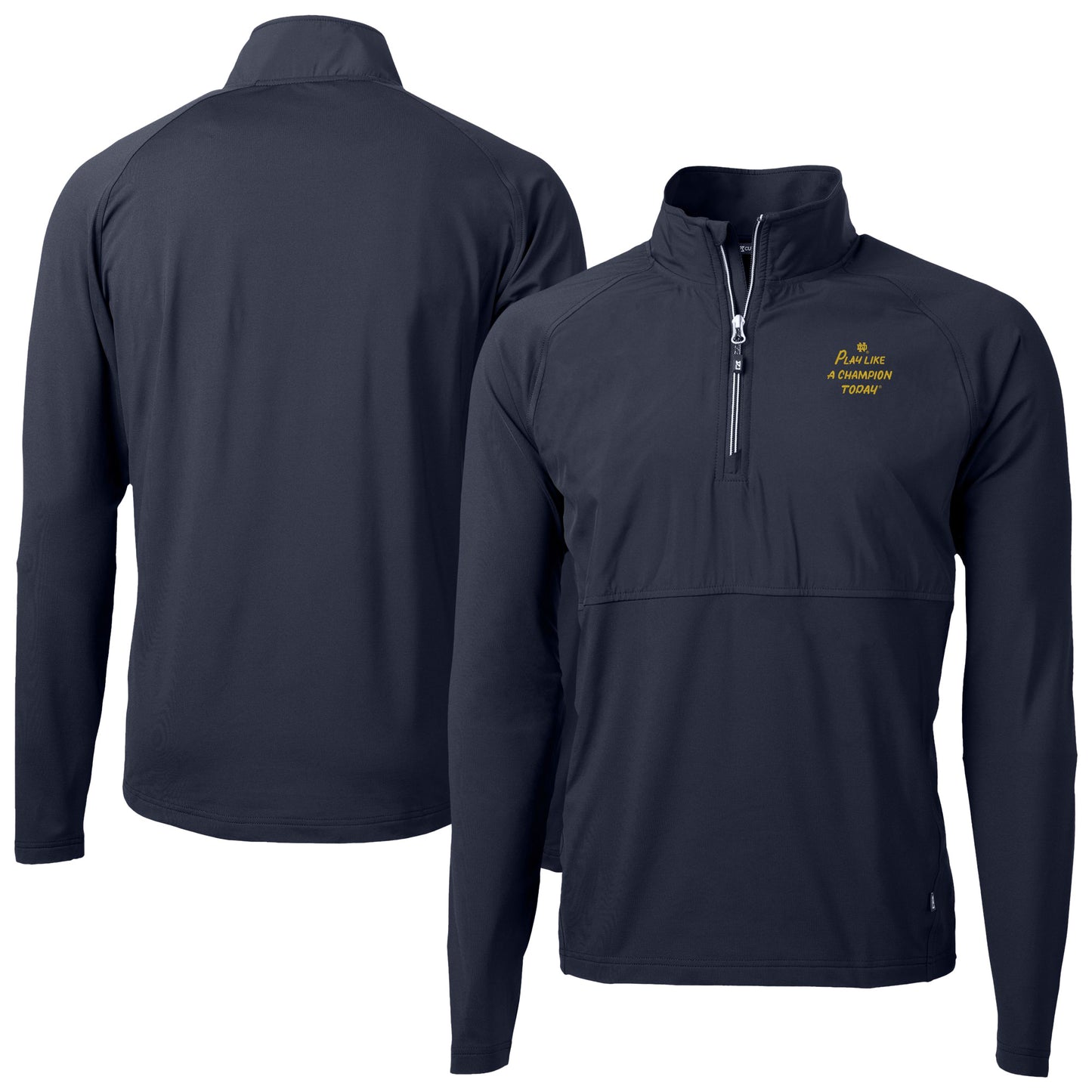 Men's Cutter & Buck Navy Notre Dame Fighting Irish Play Like A Champion Today Adapt Eco Knit Stretch Hybrid Recycled Quarter-Zip Pullover Top