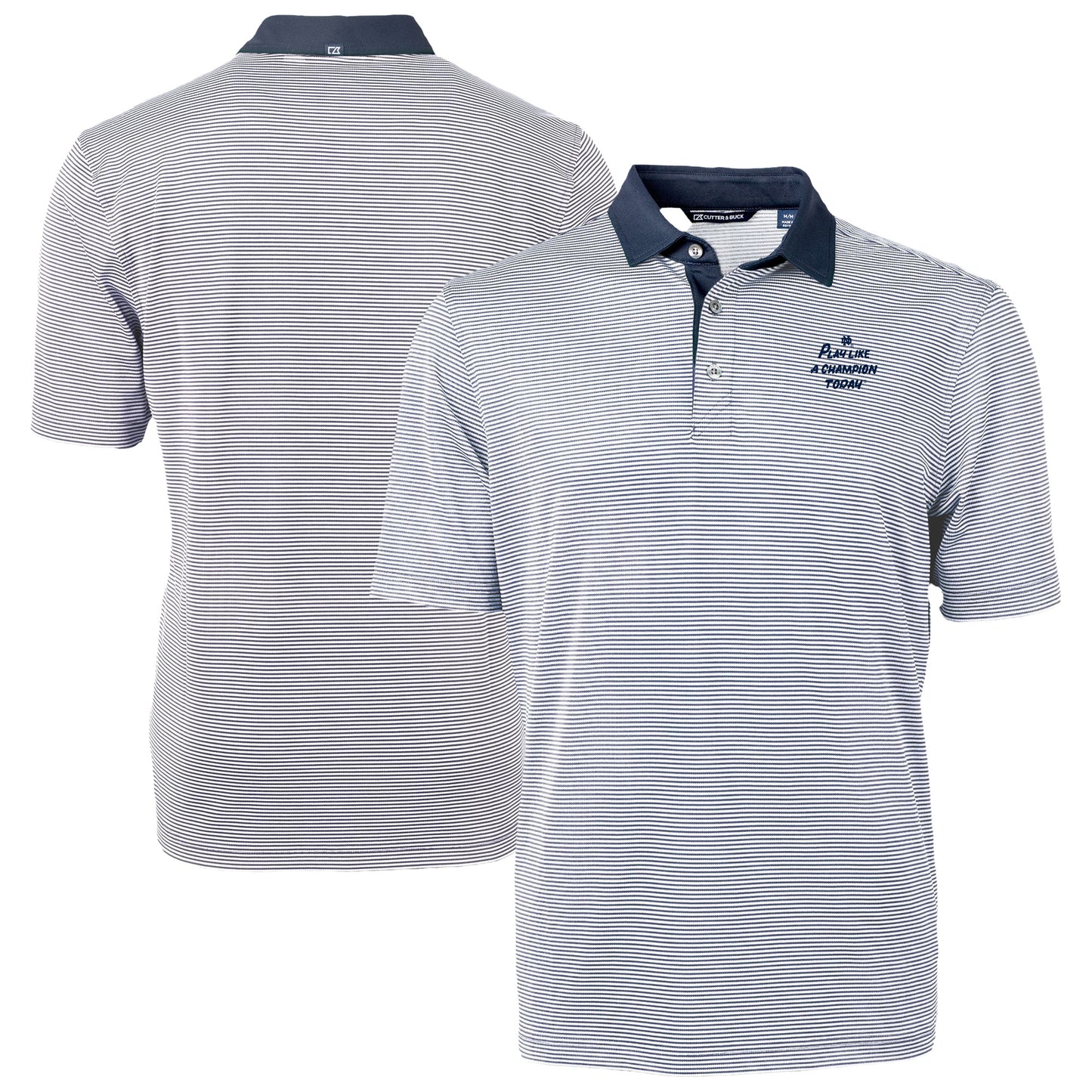 Men's Cutter & Buck Navy Notre Dame Fighting Irish Play Like A Champion Today Virtue Eco Pique Micro Stripe Recycled Polo