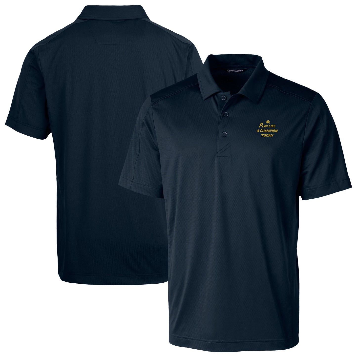 Men's Cutter & Buck Navy Notre Dame Fighting Irish  Play Like A Champion Today Prospect Eco Textured Stretch Recycled DryTec Polo