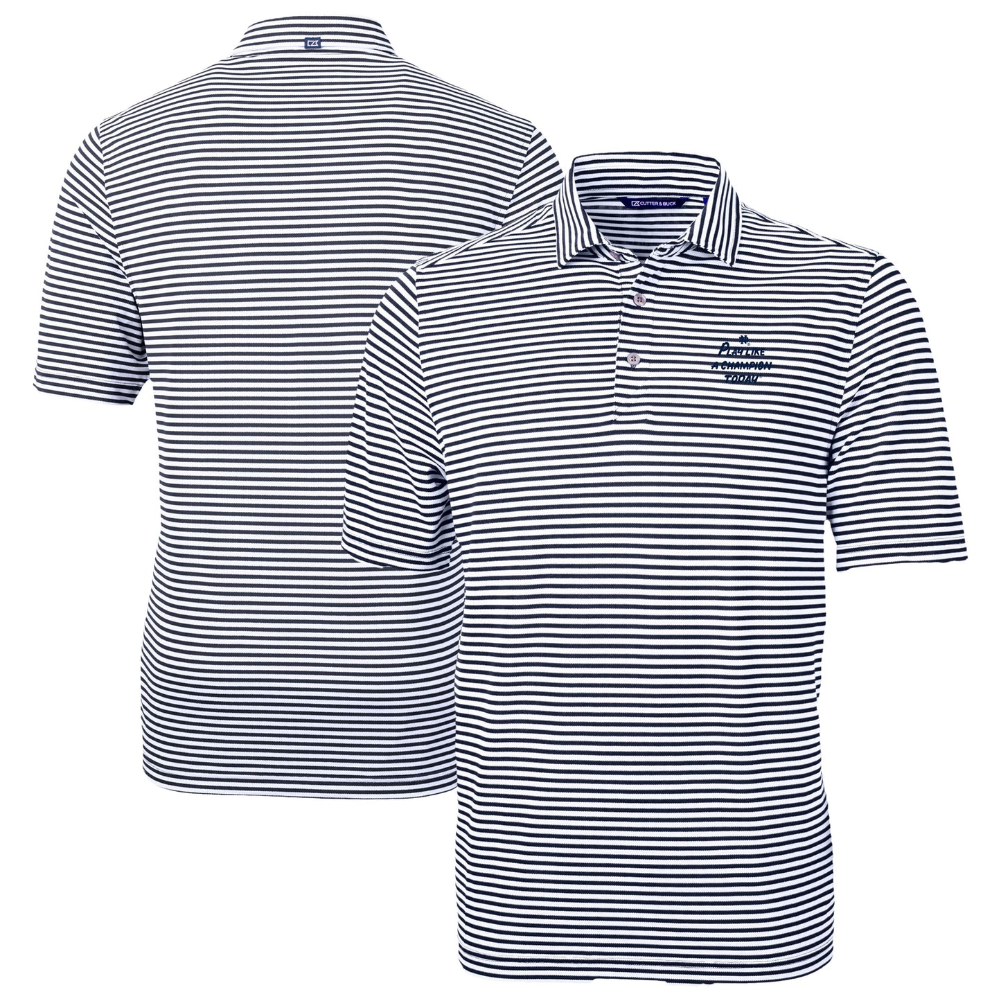 Men's Cutter & Buck Navy Notre Dame Fighting Irish  Play Like A Champion Today Virtue Eco Pique Stripe Recycled DryTec Polo