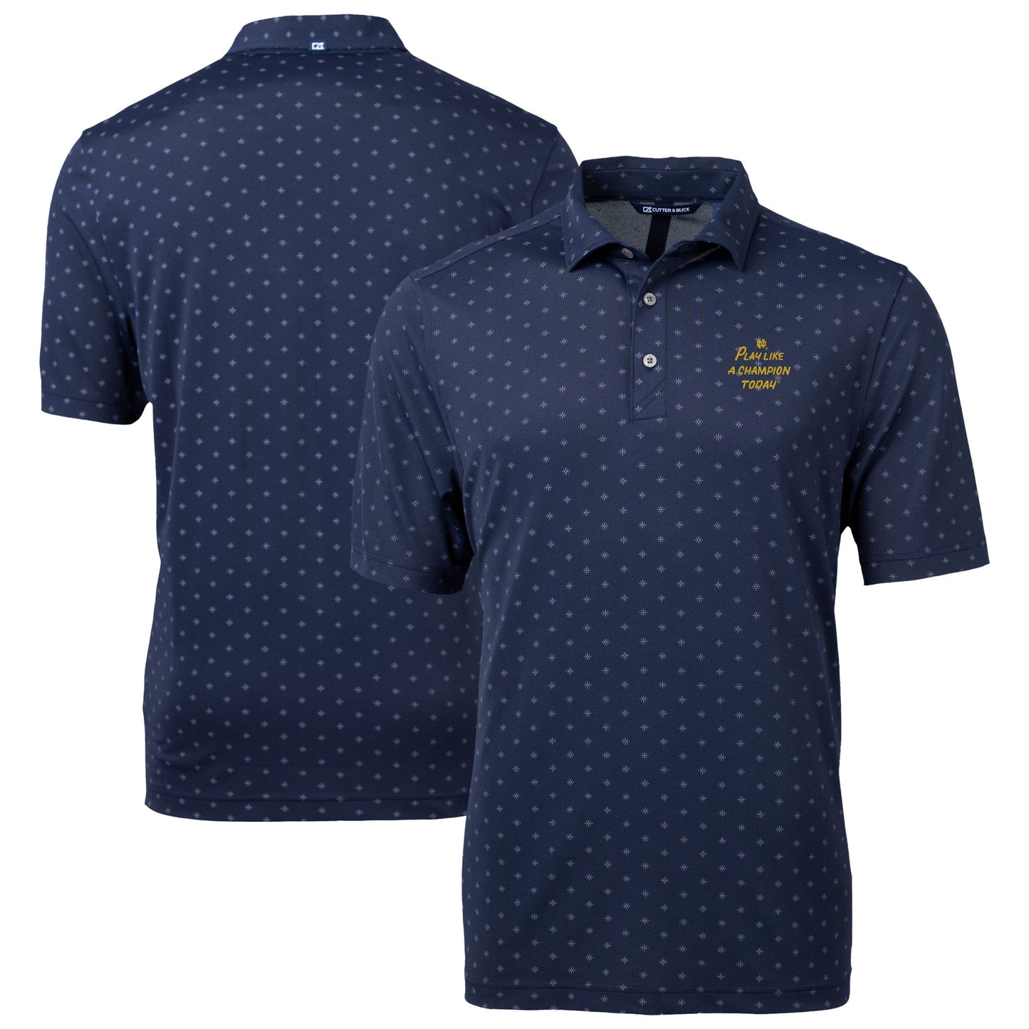 Men's Cutter & Buck Navy Notre Dame Fighting Irish  Play Like A Champion Today Virtue Eco Pique Tile Print Recycled DryTec Polo