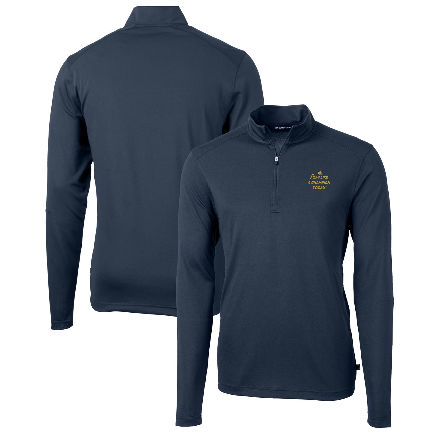 Men's Cutter & Buck Navy Notre Dame Fighting Irish  Play Like A Champion Today Virtue Eco Pique Recycled DryTec Quarter-Zip Top