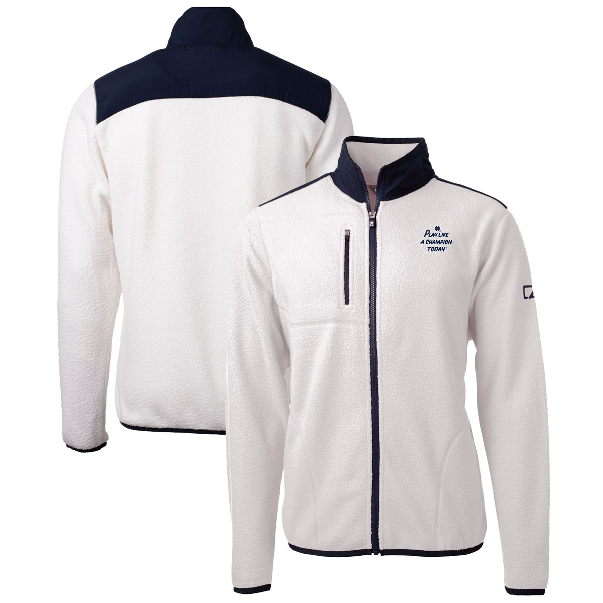 Men's Cutter & Buck Oatmeal/Navy Notre Dame Fighting Irish Play Like A Champion Today Cascade Eco Sherpa Fleece Full-Zip Sweatshirt
