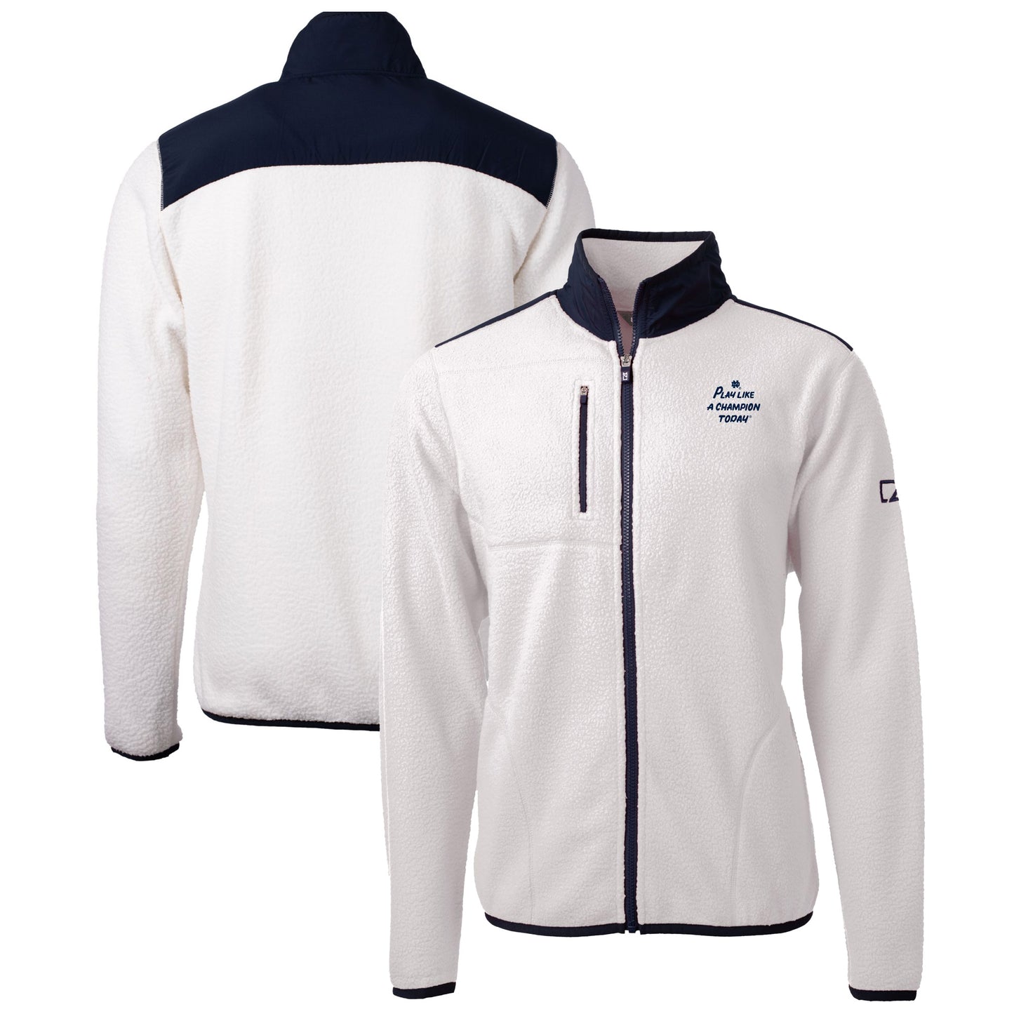Men's Cutter & Buck Oatmeal/Navy Notre Dame Fighting Irish Play Like A Champion Today Cascade Eco Sherpa Fleece Full-Zip Sweatshirt