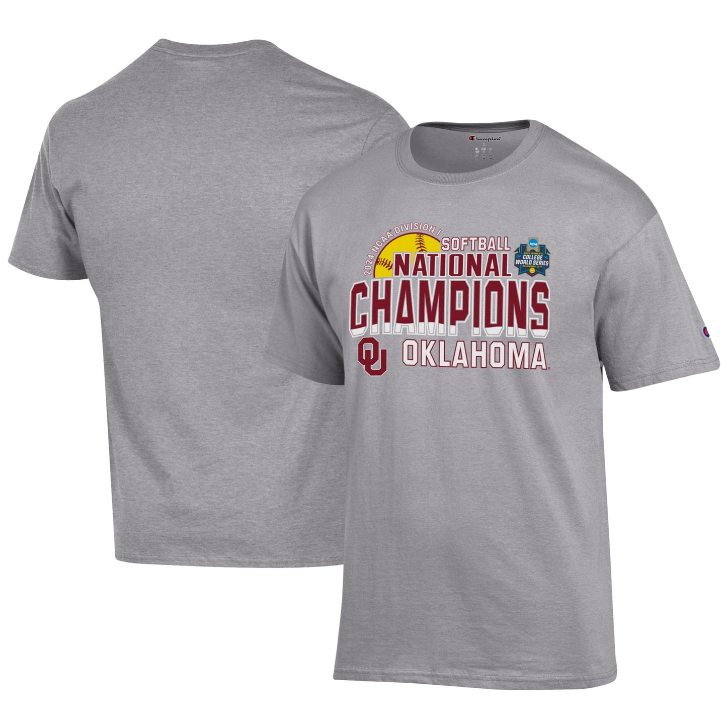 Unisex Champion Gray Oklahoma Sooners 2024 NCAA Softball Women’s College World Series Champions T-Shirt