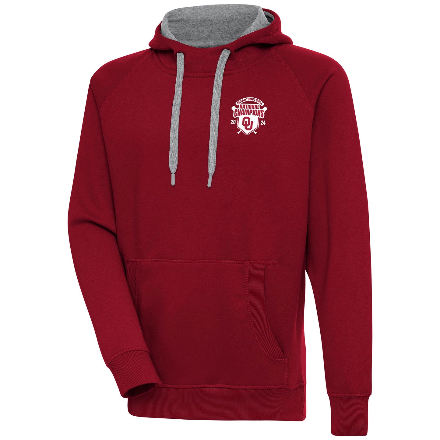 Men's Antigua Crimson Oklahoma Sooners 2024 NCAA Softball Women's College World Series National Champions Victory Pullover Hoodie