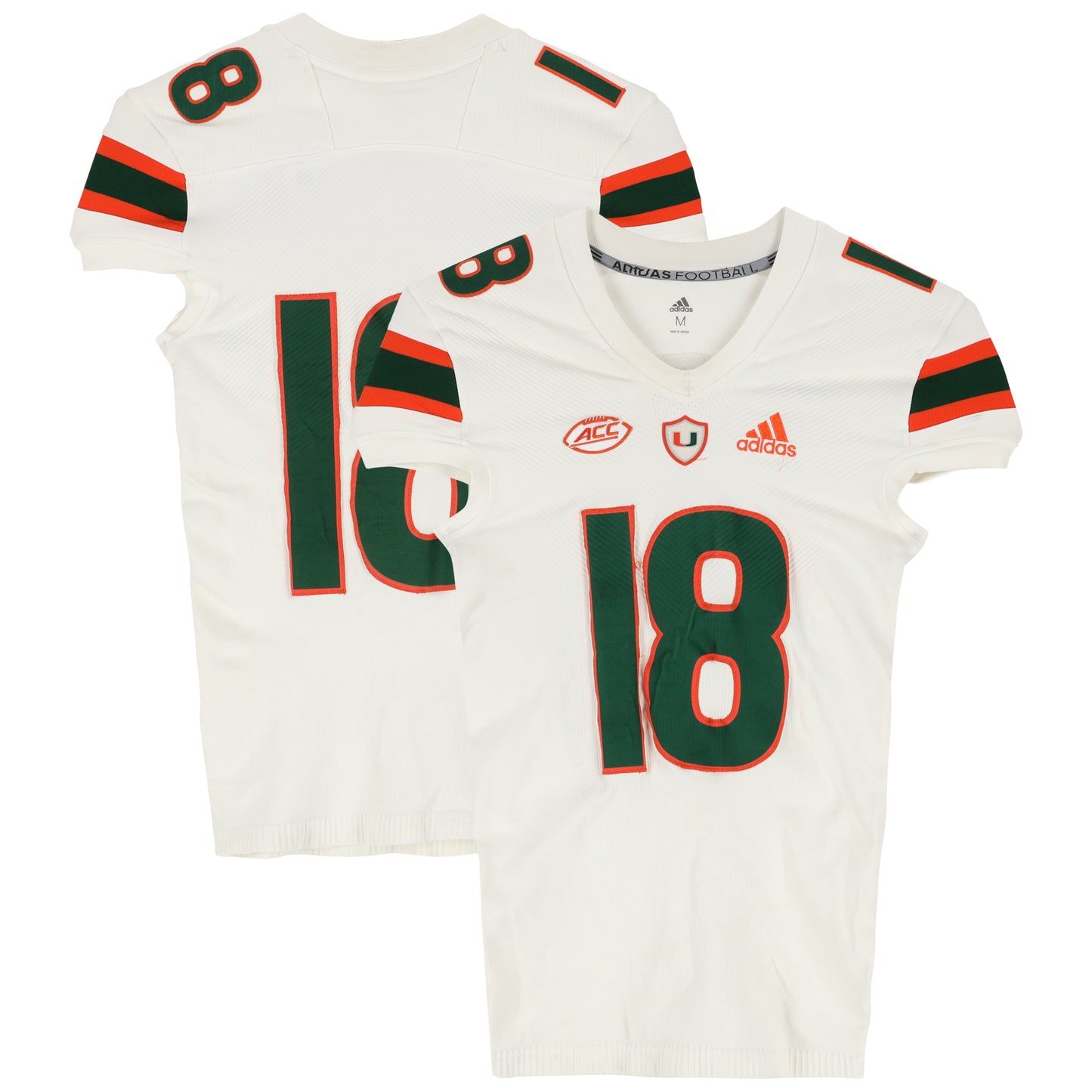 Miami Hurricanes Team-Issued adidas #18 White Jersey from the Football Program - Size M