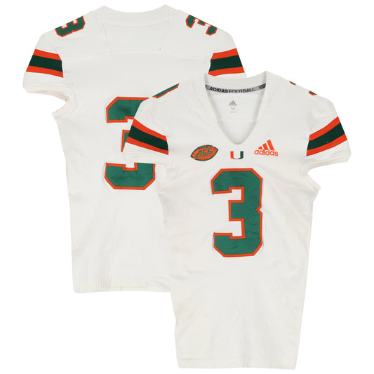 Miami Hurricanes Team-Issued adidas #3 White Jersey from the Football Program - Size M