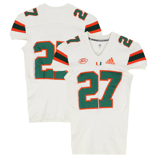 Miami Hurricanes Team-Issued adidas #27 White Jersey from the Football Program - Size M