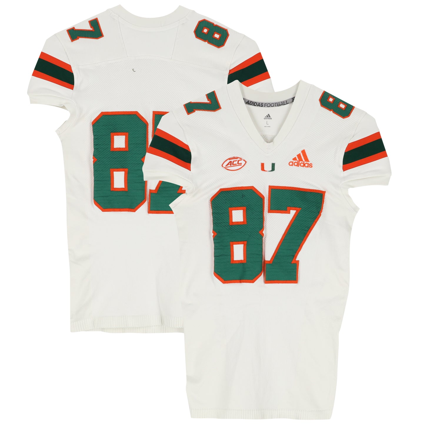 Miami Hurricanes Team-Issued adidas #87 White Jersey from the Football Program - Size L