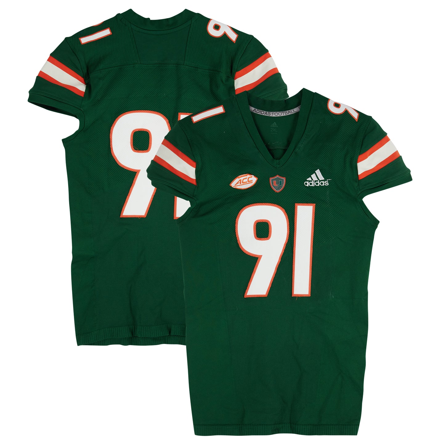 Miami Hurricanes Team-Issued adidas #91 Green Jersey from the Football Program - Size 2XL