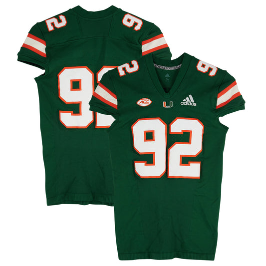 Miami Hurricanes Team-Issued adidas #92 Green Jersey from the Football Program - Size XL