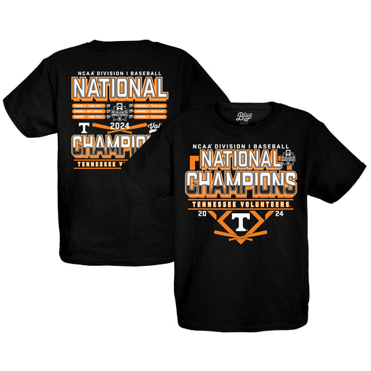 Youth Blue 84 Black Tennessee Volunteers 2024 NCAA Men's Baseball College World Series Champions Schedule T-Shirt