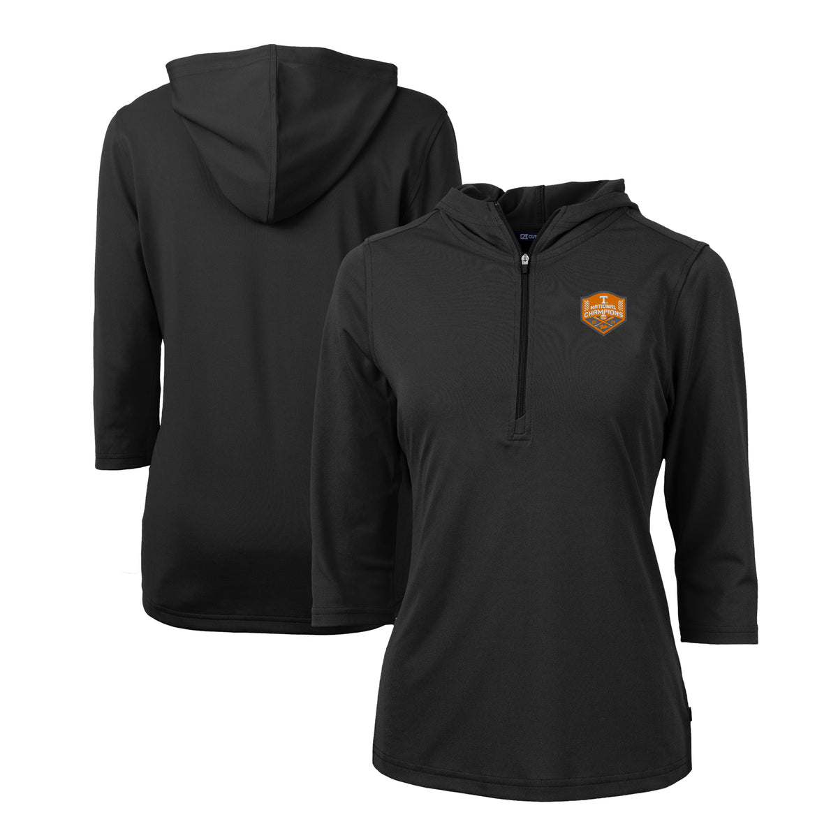 Women's Cutter & Buck Black Tennessee Volunteers 2024 NCAA Men's Baseball College World Series National Champions Virtue Eco Pique Recycled 3/4-Sleeve Half-Zip Pullover Hoodie