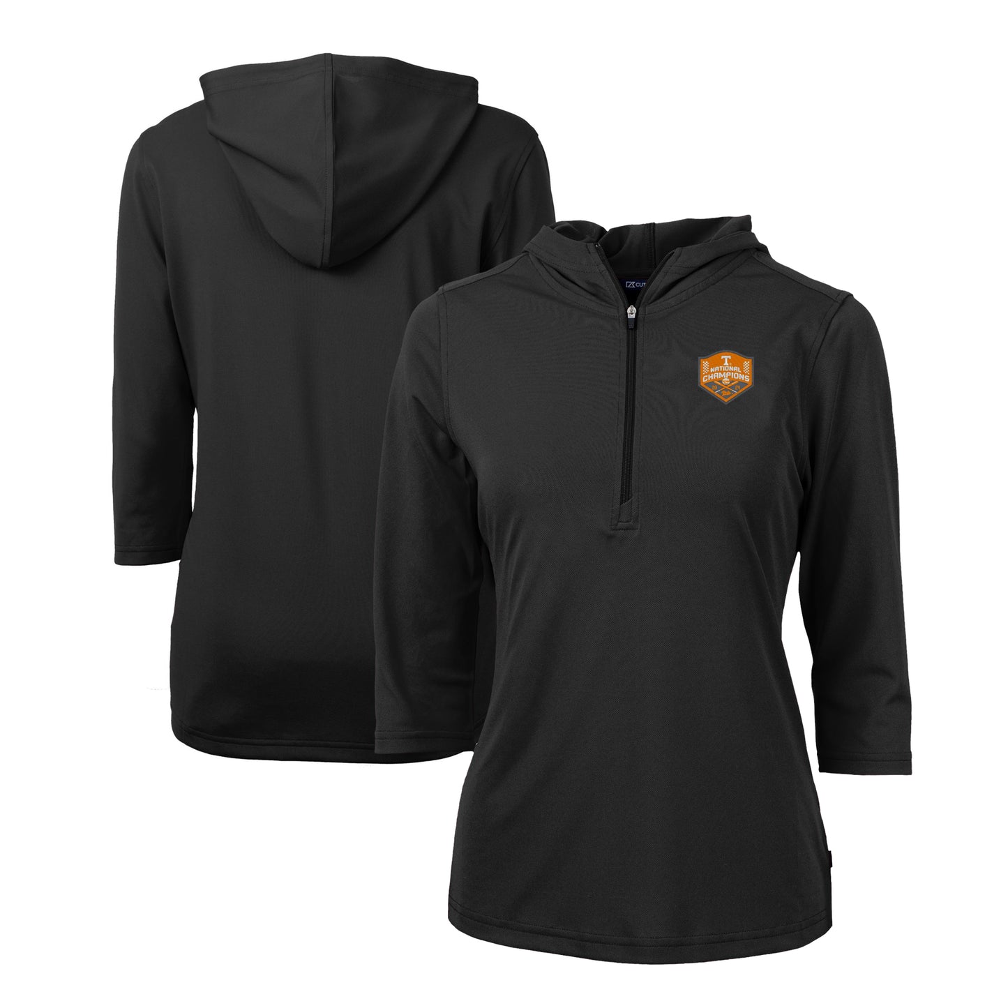 Women's Cutter & Buck Black Tennessee Volunteers 2024 NCAA Men's Baseball College World Series National Champions Virtue Eco Pique Recycled 3/4-Sleeve Half-Zip Pullover Hoodie