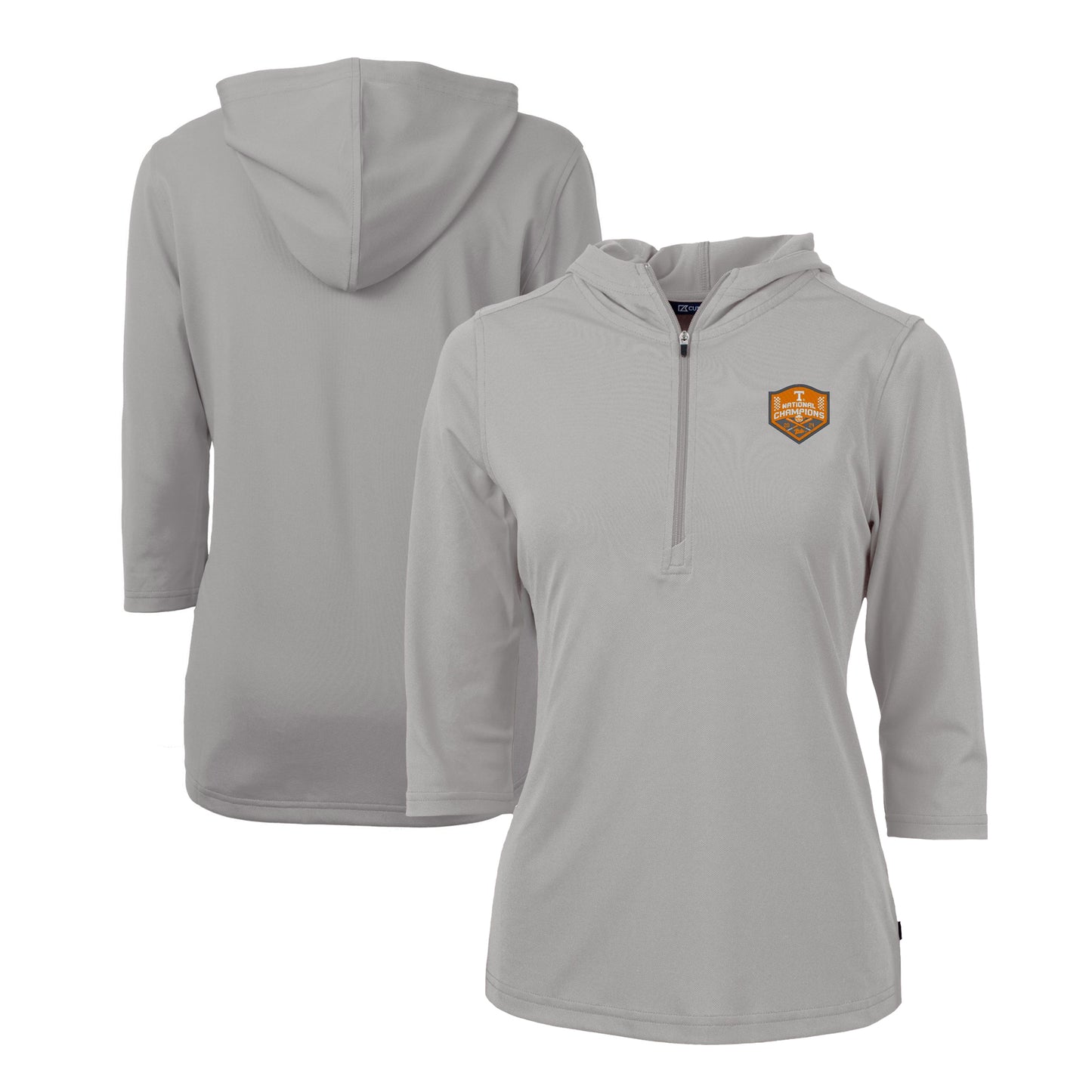 Women's Cutter & Buck Gray Tennessee Volunteers 2024 NCAA Men's Baseball College World Series National Champions Virtue Eco Pique Recycled 3/4-Sleeve Half-Zip Pullover Hoodie