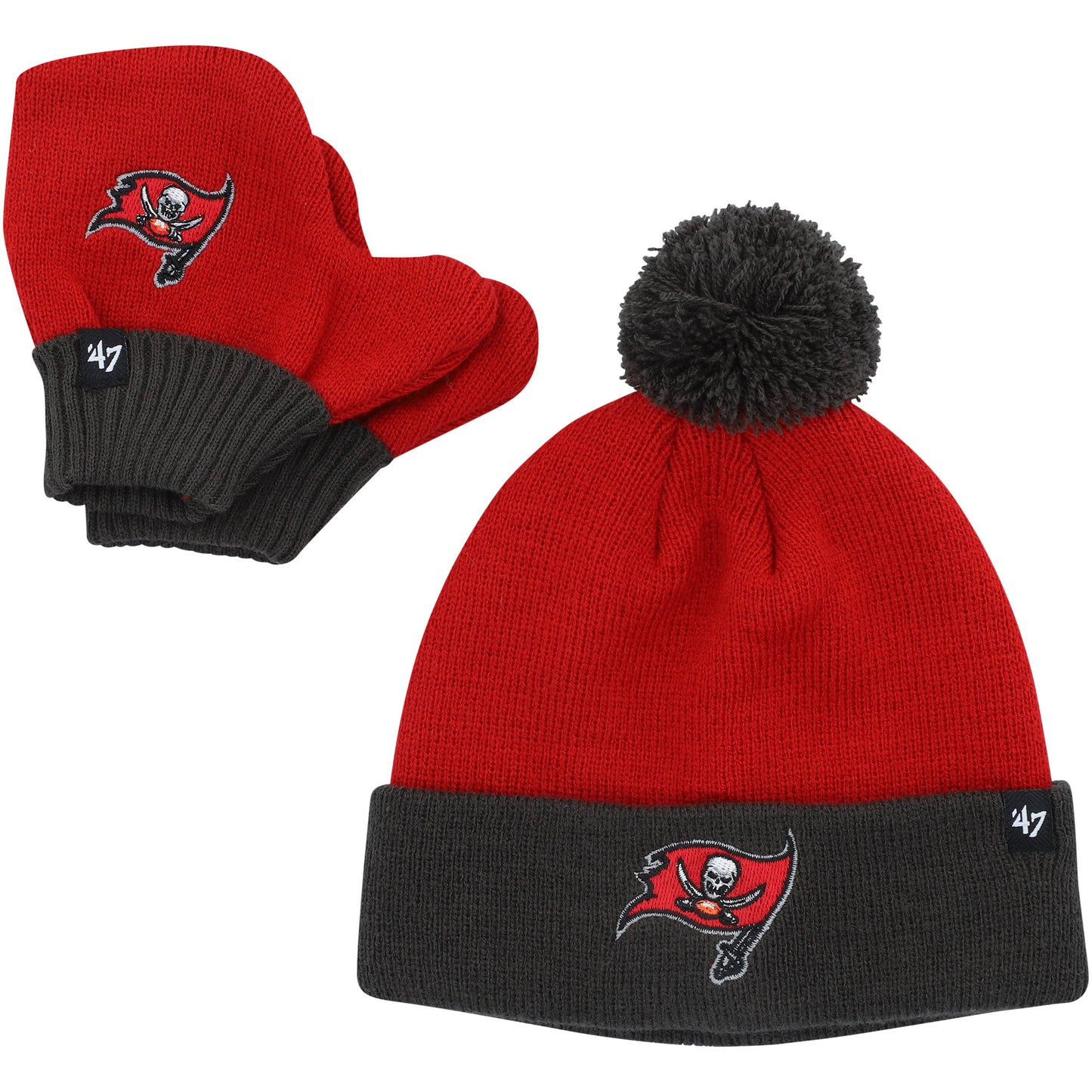 Infant '47 Red/Pewter Tampa Bay Buccaneers Bam Bam Cuffed Knit Hat with Pom and Mittens Set