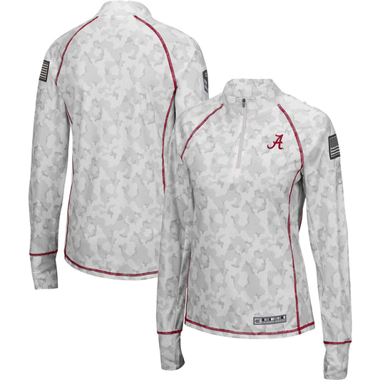 Women's Colosseum White Alabama Crimson Tide OHT Military Appreciation Officer Arctic Camo Fitted Lightweight 1/4-Zip Jacket