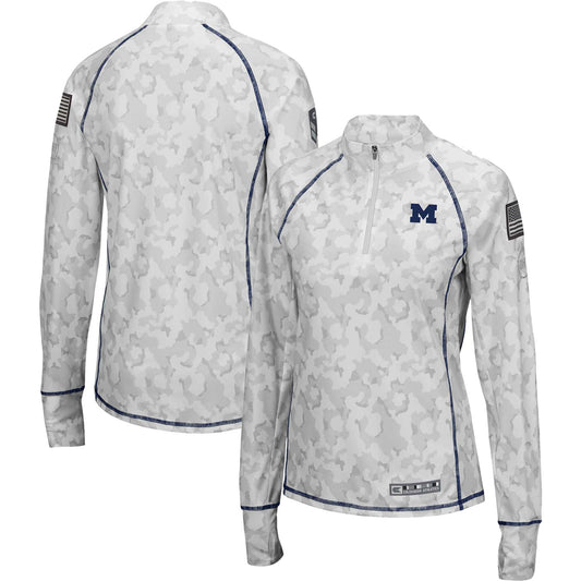 Women's Colosseum White Michigan Wolverines OHT Military Appreciation Officer Arctic Camo Fitted Lightweight 1/4-Zip Jacket
