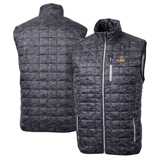 Men's Cutter & Buck  Black LSU Tigers Rainier PrimaLoft Eco Insulated Printed Full-Zip Puffer Vest