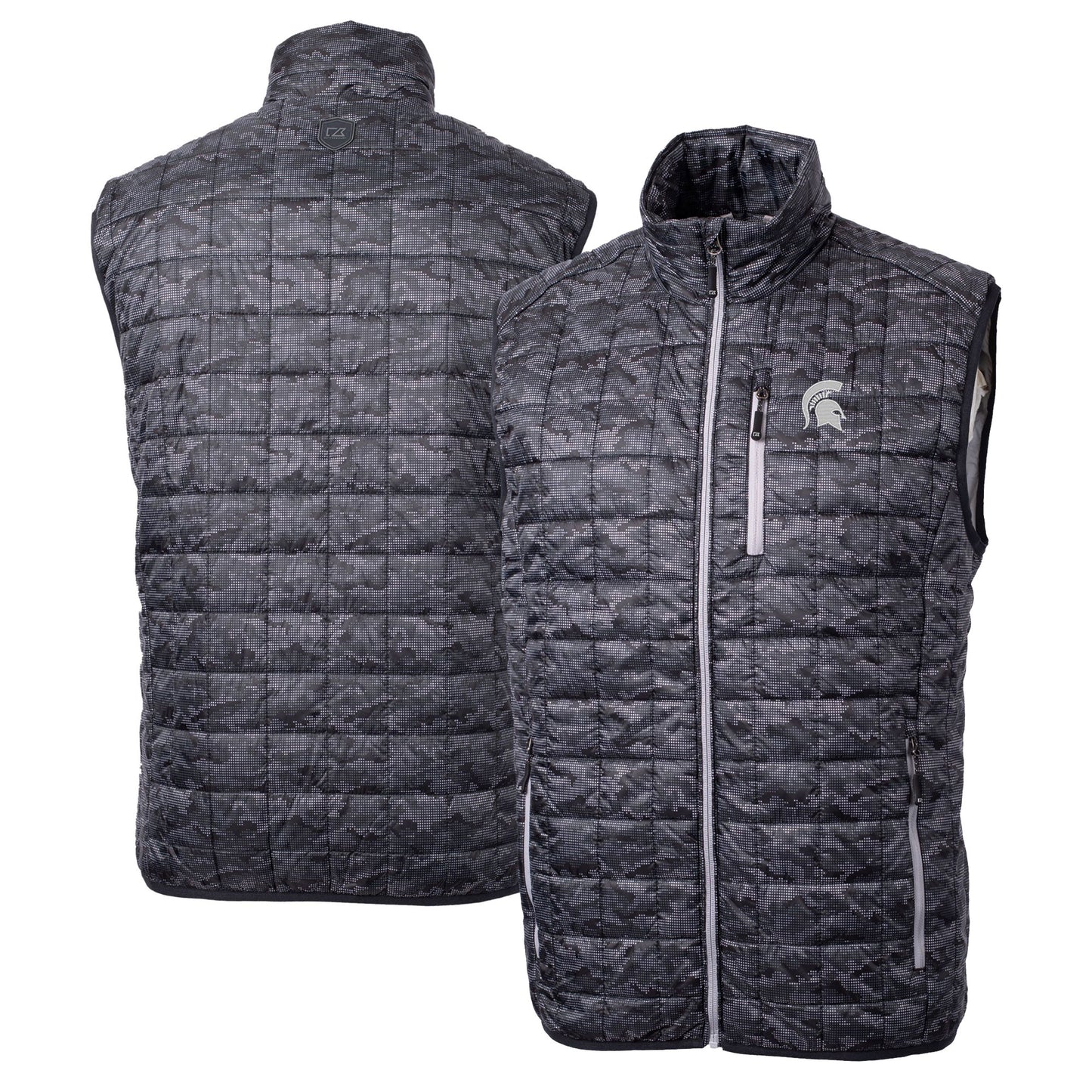 Men's Cutter & Buck  Black Michigan State Spartans Rainier PrimaLoft Eco Insulated Printed Full-Zip Puffer Vest