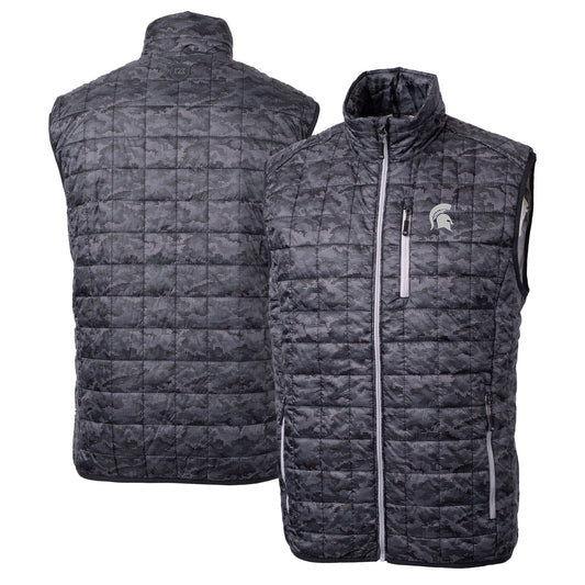 Men's Cutter & Buck  Black Michigan State Spartans Rainier PrimaLoft Eco Insulated Printed Full-Zip Puffer Vest