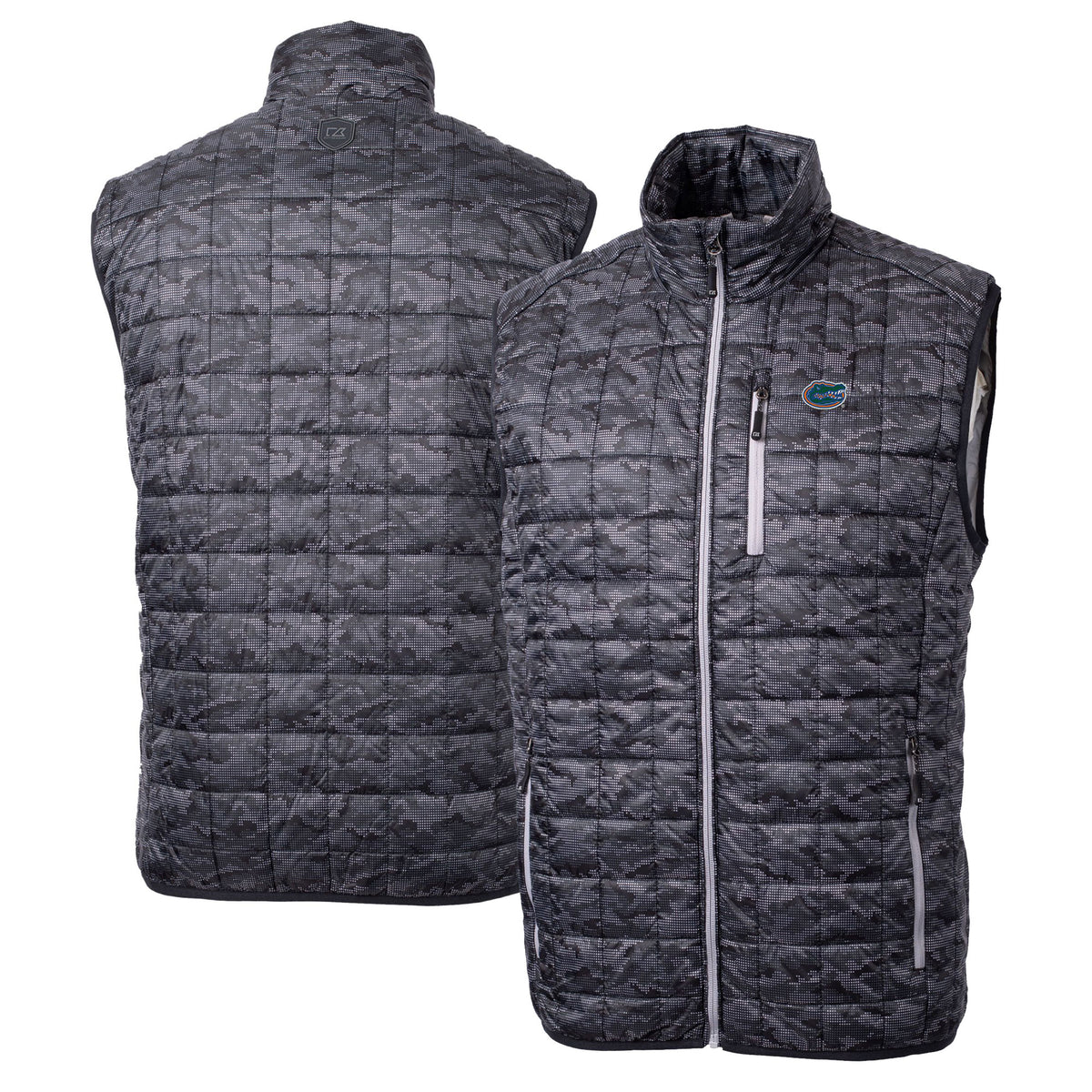 Men's Cutter & Buck  Black Florida Gators Rainier PrimaLoft Eco Insulated Printed Full-Zip Puffer Vest
