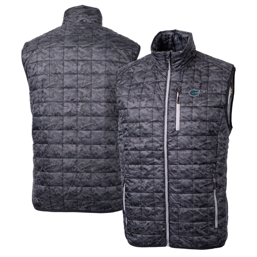 Men's Cutter & Buck  Black Florida Gators Rainier PrimaLoft Eco Insulated Printed Full-Zip Puffer Vest