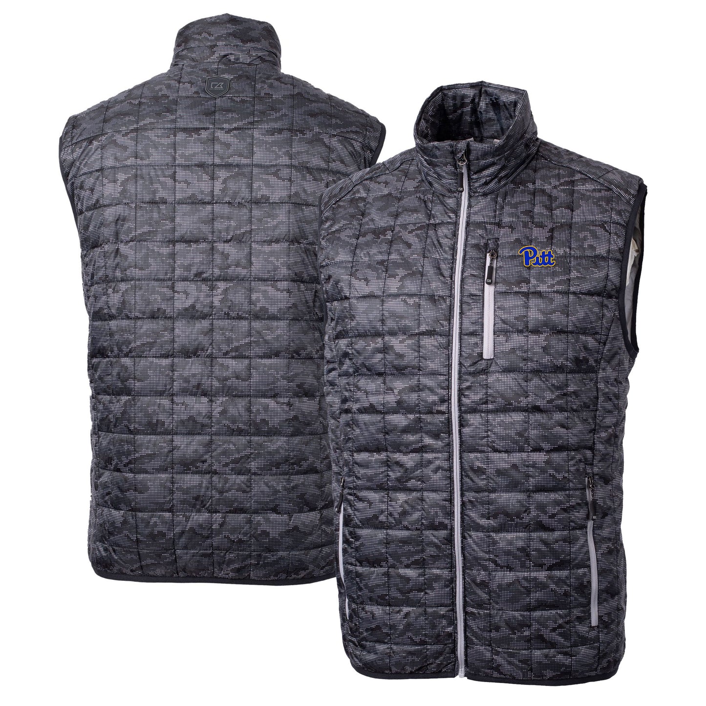Men's Cutter & Buck  Black Pitt Panthers Rainier PrimaLoft Eco Insulated Printed Full-Zip Puffer Vest