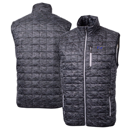 Men's Cutter & Buck  Black Pitt Panthers Rainier PrimaLoft Eco Insulated Printed Full-Zip Puffer Vest