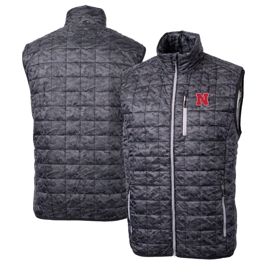 Men's Cutter & Buck  Black Nebraska Huskers Rainier PrimaLoft Eco Insulated Printed Full-Zip Puffer Vest