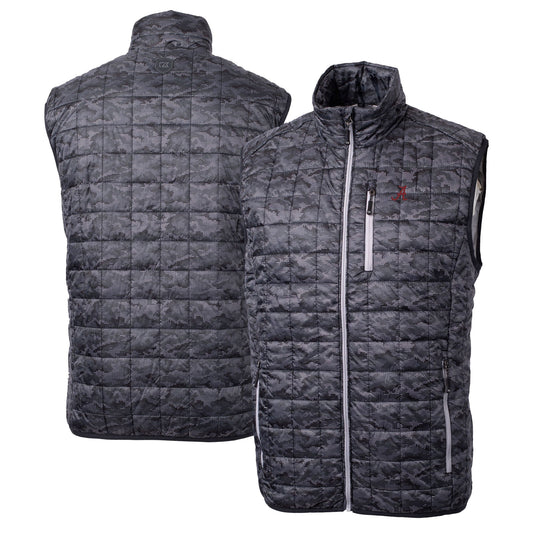 Men's Cutter & Buck  Black Alabama Crimson Tide Rainier PrimaLoft Eco Insulated Printed Full-Zip Puffer Vest