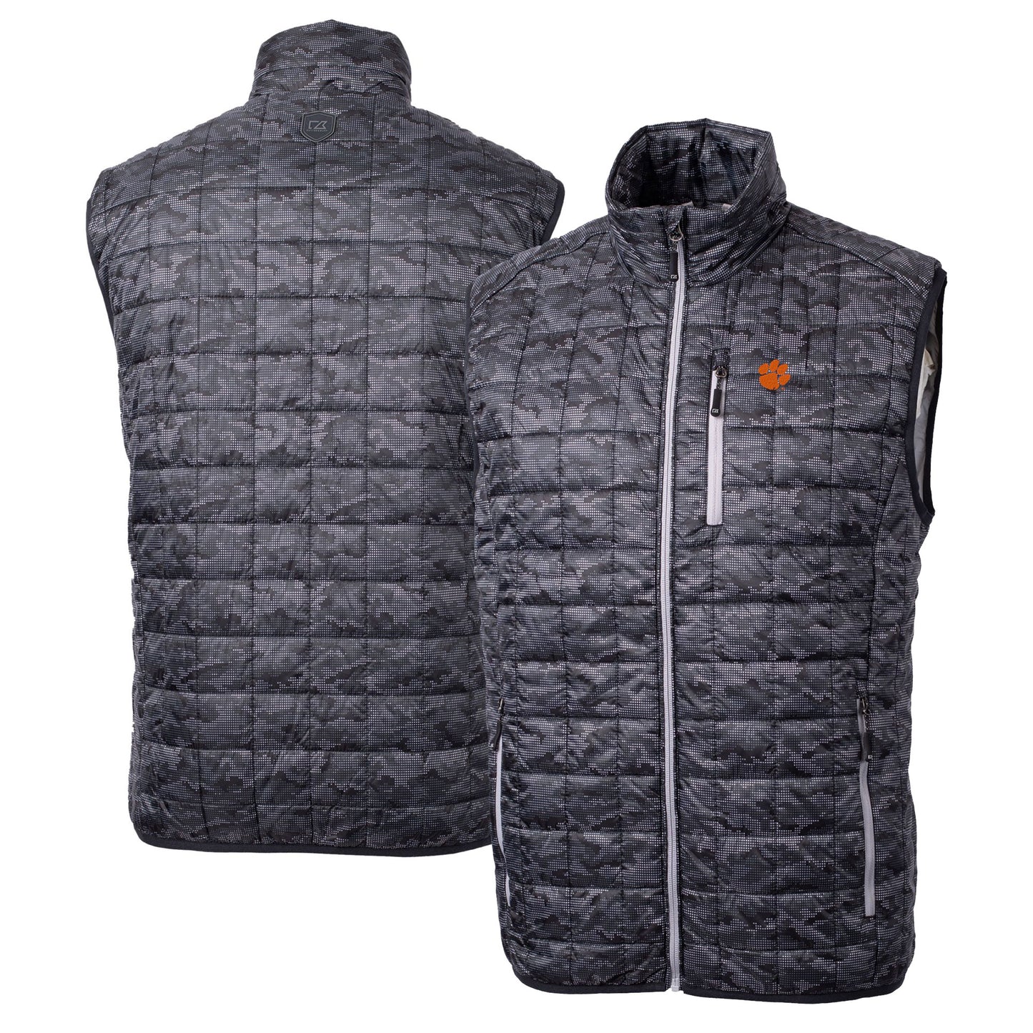 Men's Cutter & Buck  Black Clemson Tigers Rainier PrimaLoft Eco Insulated Printed Full-Zip Puffer Vest