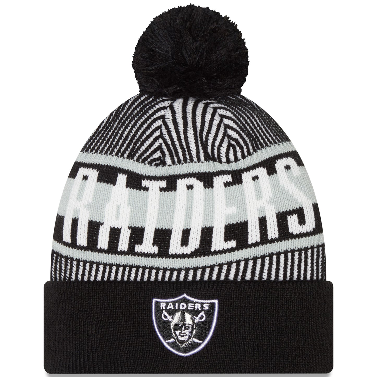 Men's New Era Black Las Vegas Raiders Striped Cuffed Knit Hat with Pom