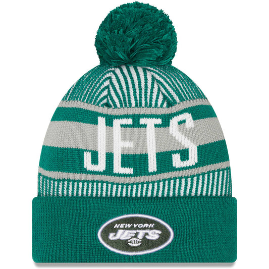 Men's New Era Green New York Jets Striped Cuffed Knit Hat with Pom