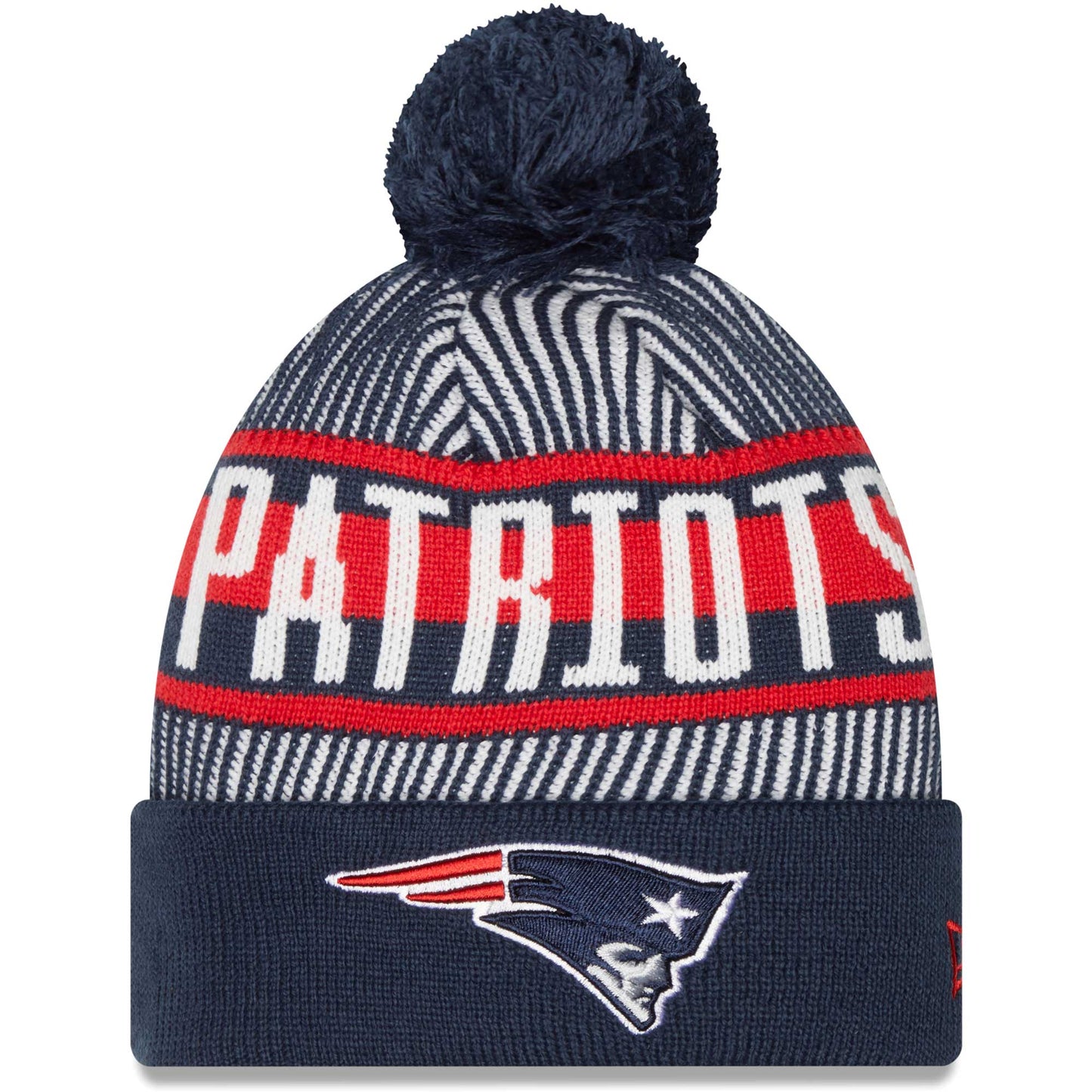 Men's New Era Navy New England Patriots Striped Cuffed Knit Hat with Pom