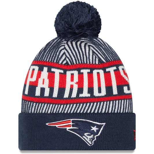 Men's New Era Navy New England Patriots Striped Cuffed Knit Hat with Pom