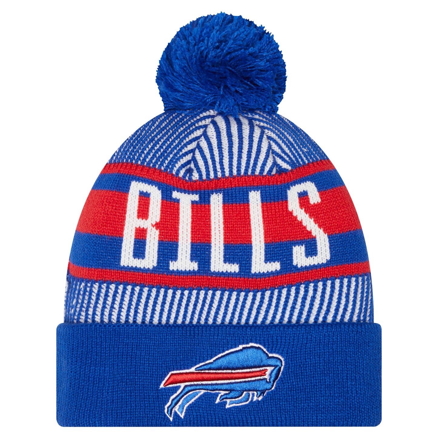 Youth New Era Royal Buffalo Bills Striped  Cuffed Knit Hat with Pom