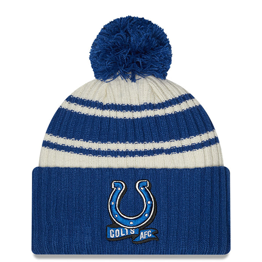 Men's New Era  Cream/Royal Indianapolis Colts 2022 Sideline Sport Cuffed Pom Knit Hat