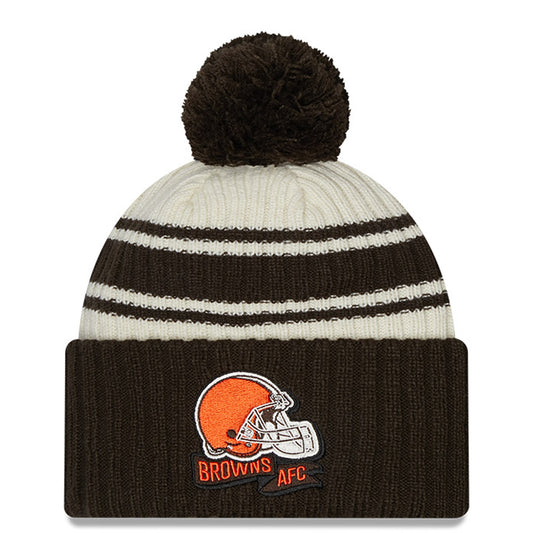 Men's New Era Cream/Brown Cleveland Browns 2022 Sideline Sport Cuffed Pom Knit Hat