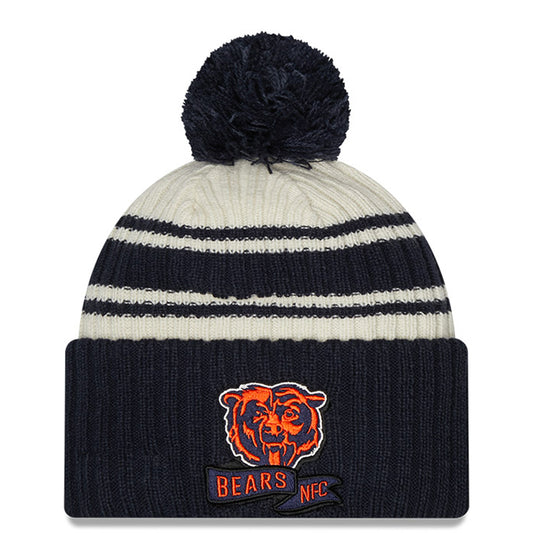Youth New Era Cream/Navy Chicago Bears 2022 Sideline Sport Cuffed Pom Knit Hat