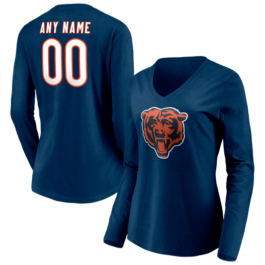 Women's Navy Chicago Bears Team Authentic Personalized Name & Number Long Sleeve V-Neck T-Shirt