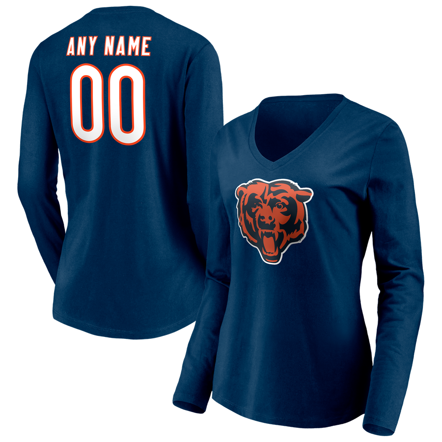 Women's Navy Chicago Bears Team Authentic Personalized Name & Number Long Sleeve V-Neck T-Shirt