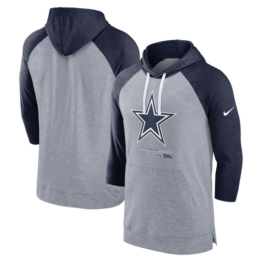 Men's Nike Heather Gray/Heather Navy Dallas Cowboys Raglan 3/4-Sleeve Pullover Hoodie