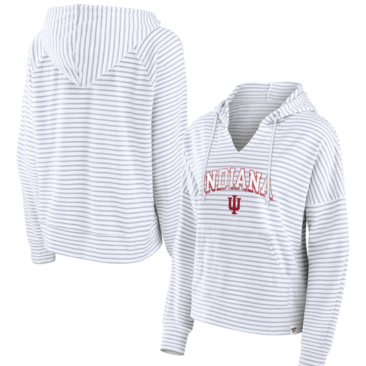 Women's Fanatics  White Indiana Hoosiers Striped Notch Neck Pullover Hoodie