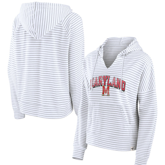 Women's Fanatics  White Maryland Terrapins Striped Notch Neck Pullover Hoodie